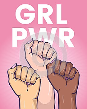 Pink poster with multiracial fists up and GRLÂ PWRÂ girl power words.